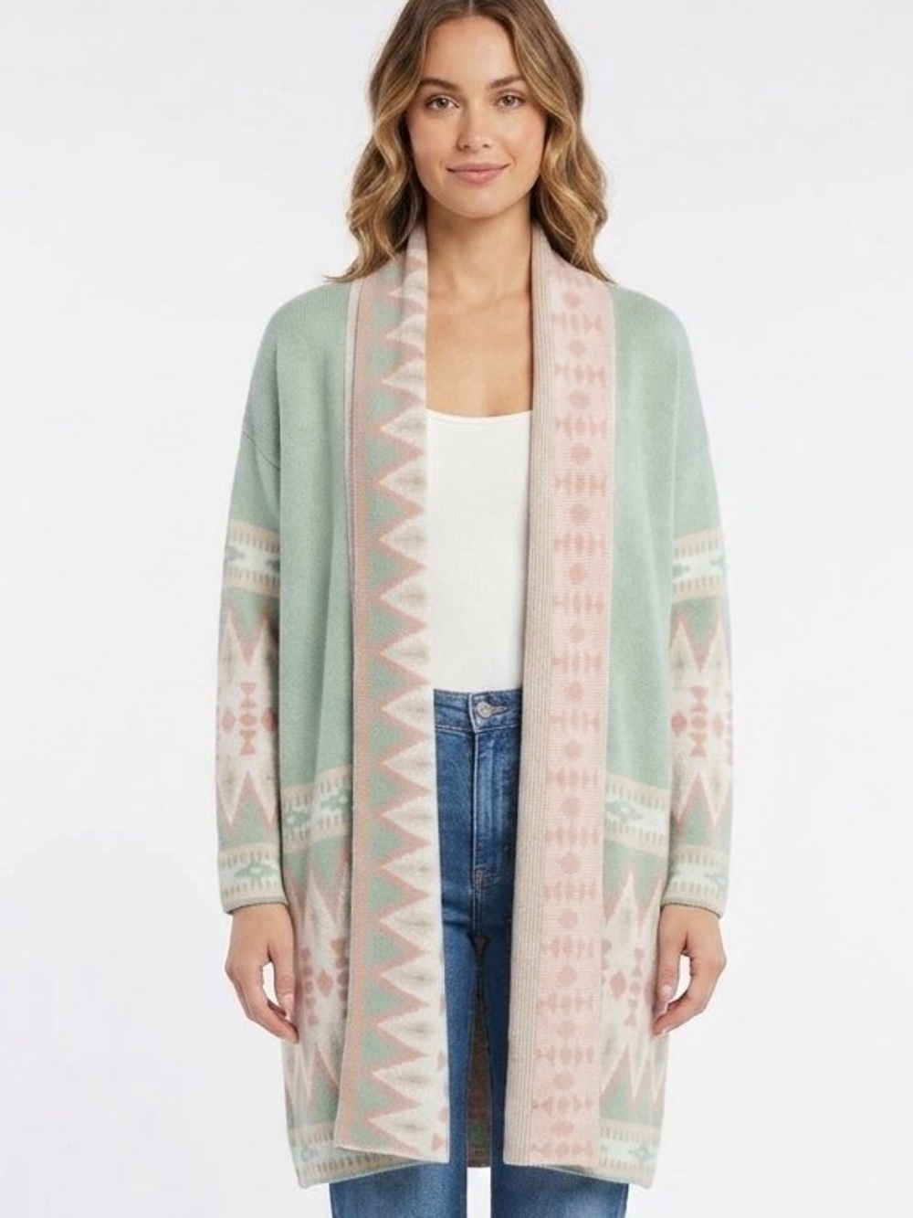 Dreamers by Debut Aztec Open Front Long Cardigan Sage M/L